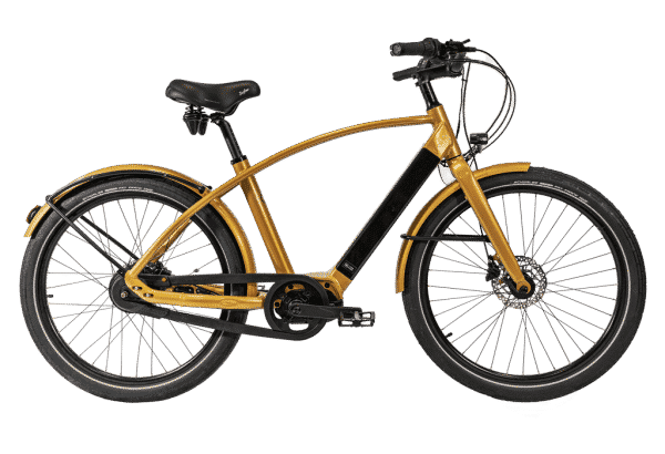 vélo électrique haut de gamme coloris doré en version cadre haut Reinebike Made in france