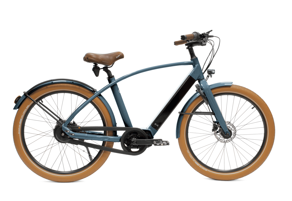 vélo électrique couleur bleu foncé en version cadre haut Reinebike