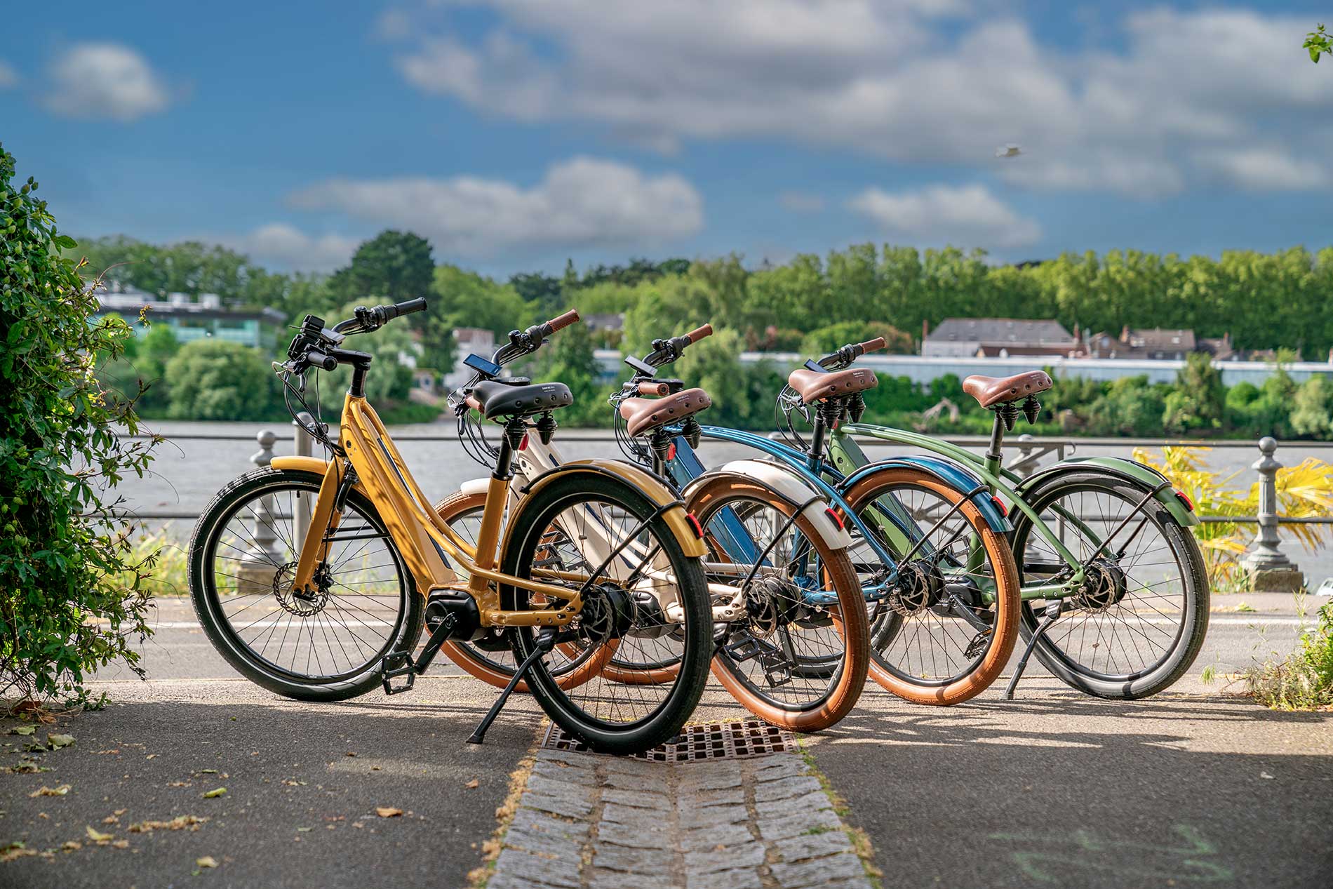 Vélo électrique homme femme doré blanc bleu et vert reine bike
