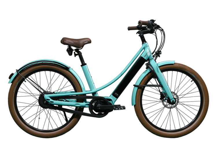 Vélo bleu turquoise avec porte-sacoche