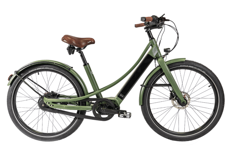 vélo électrique couleur Kaki en version cadre bas Reinebike Made in France